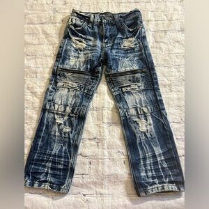 ROAD NARROWS DISTRESSED BLUE JEANS ZIP LEG DETAILS BLACK PATCH ON BACK BOYS 5